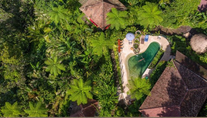 Sarinbuana Eco Lodge Tropisches Resort mit einem herzförmigen Pool und üppiger Vegetation.